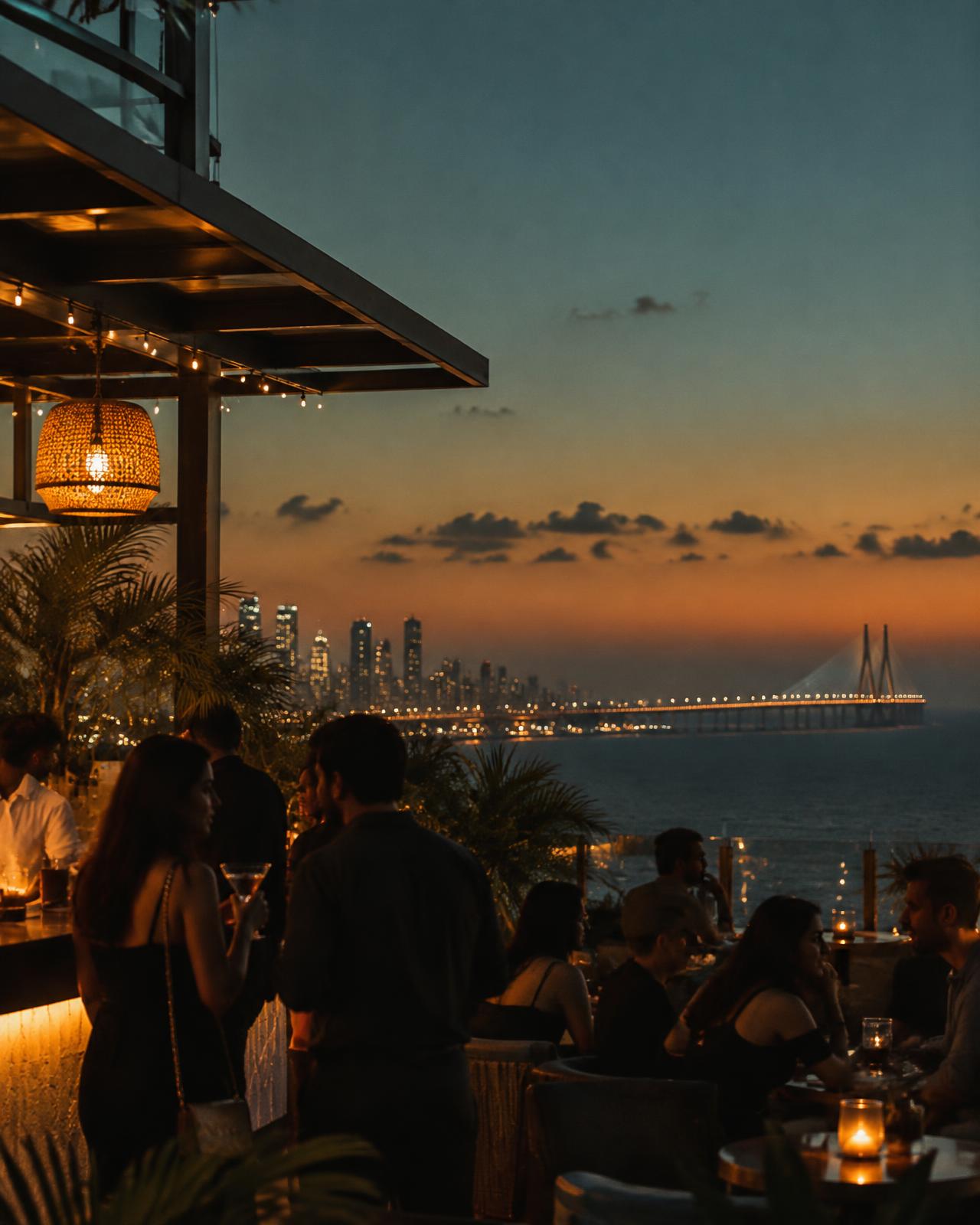 Rooftop bar in Bandra at dusk with the sea link behind
